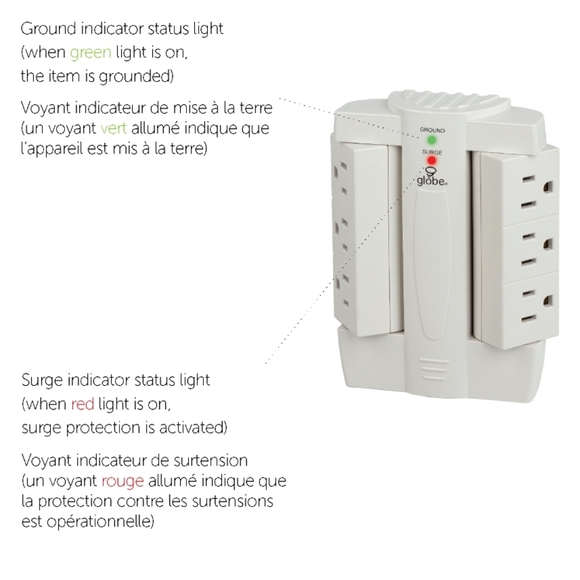 Globe Electric's 6 Outlet Swivel Surge Protector Wall Adapter White - Picture 2 of 7